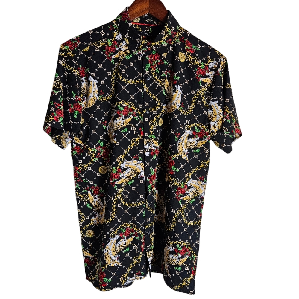 Drill Clothing Company Tiger Roses Chain Print Button Up Shirt Unisex Sz Small